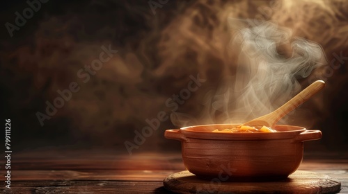 Kitchen and Cooking: A 3D vector illustration of a wooden spoon stirring a pot of soup photo