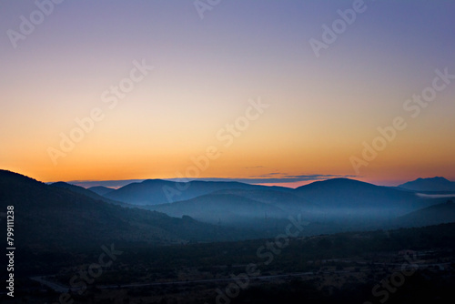Early morning in Croatia. Colorful dawn over the mountains.