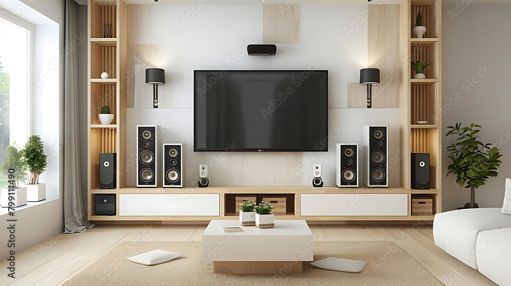 modern tv room with wall mount tv and speakers, featuring a large window, potted plant, white rug, modern tv room with wall mount tv and speakers, featuring a large window, potted plant, white rug,