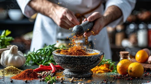 Kitchen and Cooking  A photo of a chef using a mortar and pestle to grind spices