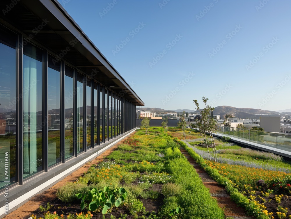 A green roof with a garden on top of a building. The roof is covered in plants and flowers, and there is a path leading to the top. The view from the top is of a city and mountains in the distance