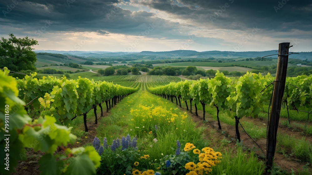 Naklejka premium vineyard landscape interspersed with blooming wildflowers in spring