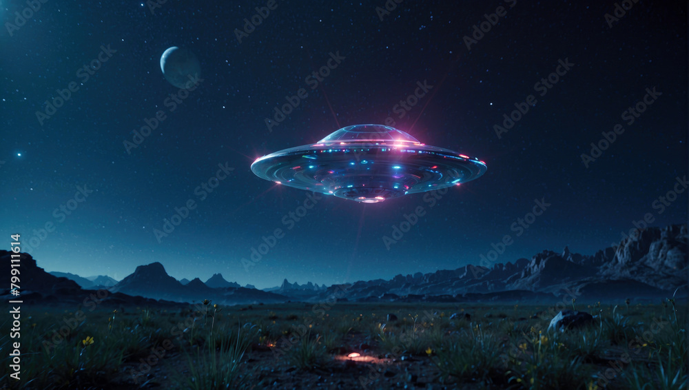 a UFO unidentified extraterrestrial object is flying over a land of an unknown planet a UFO unidentified extraterrestrial object is flying over a land of an unknown planet