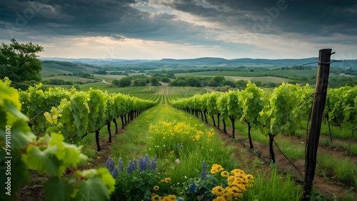 vineyard landscape interspersed with blooming wildflowers in spring