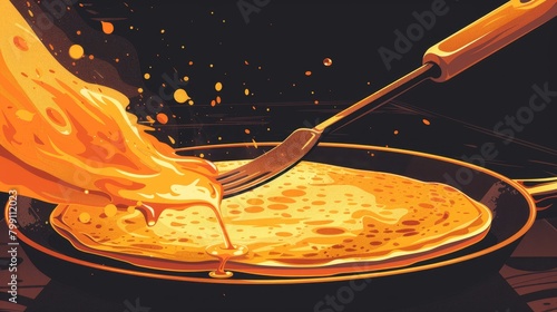 Kitchen and Cooking: A vector illustration of a spatula flipping a golden pancake photo
