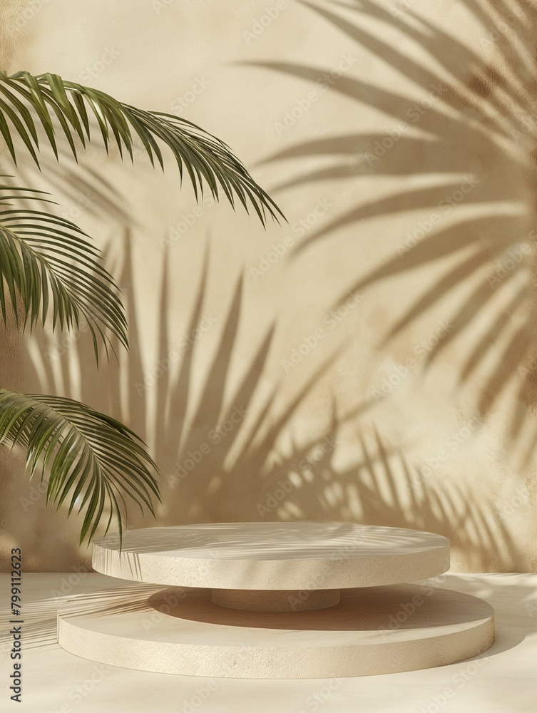Podium mockup, palm leaf shadow background, 3d render Podium mockup, palm leaf shadow background, 3d render