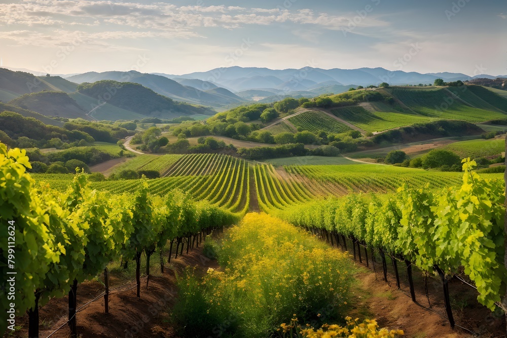 Naklejka premium vineyard landscape interspersed with blooming wildflowers in spring