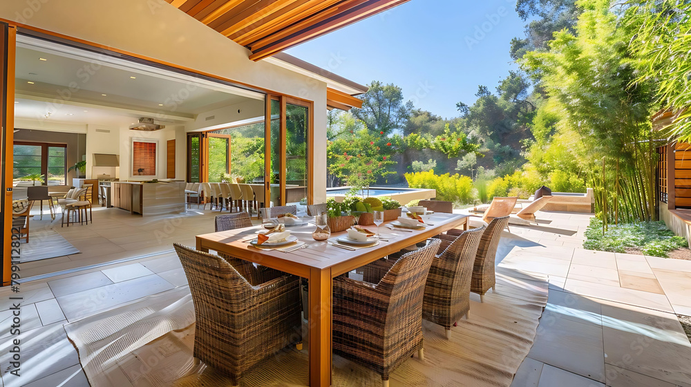 open dining room with backyard view featuring wicker chairs, a wood table, and a clear glass on a w