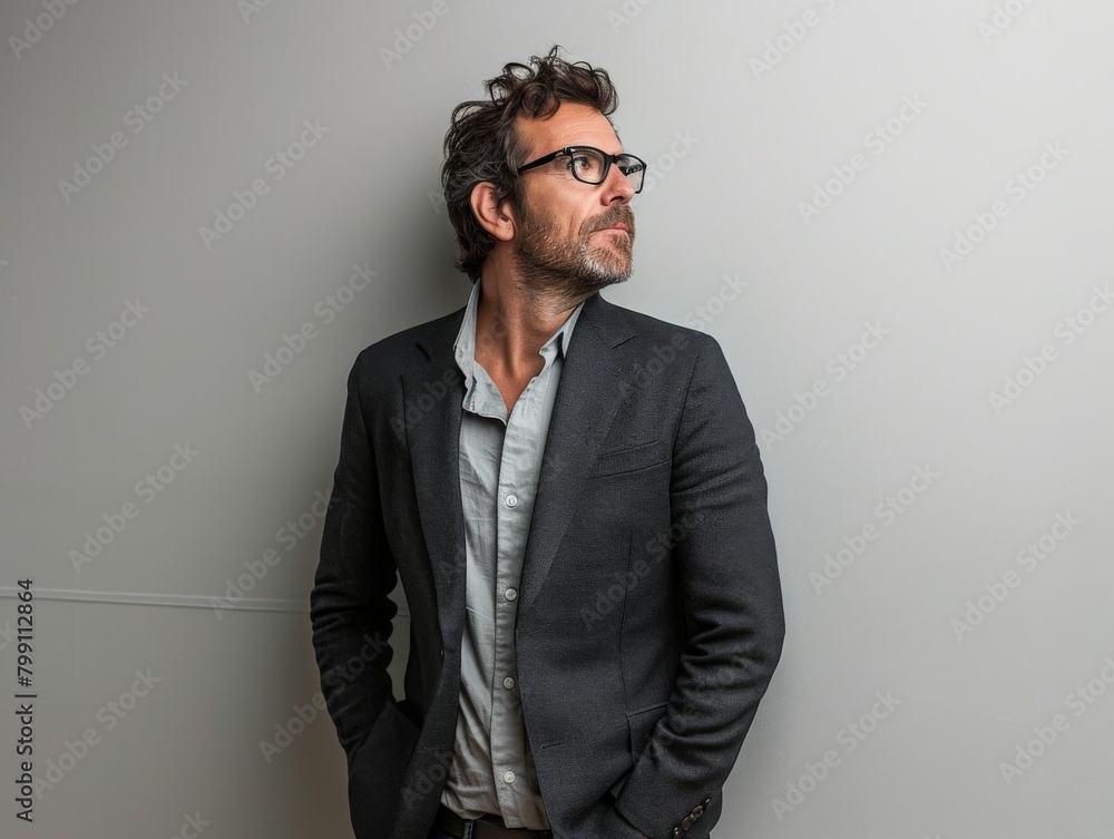 Fototapeta premium Man in a Suit Leaning Against a Wall