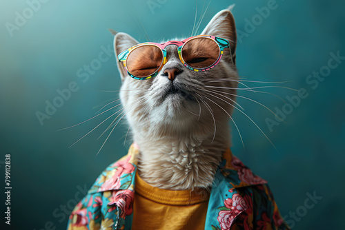 A longhaired cat wearing colorful sunglasses and fashionable , wearing an open shirt with yellow inside, has clear hair in the photo. Created with Ai photo