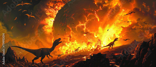 a prehistoric volcanic eruption, with plumes of ash and lava spewing from the crater as terrified dinosaurs flee from the impending disaster photo