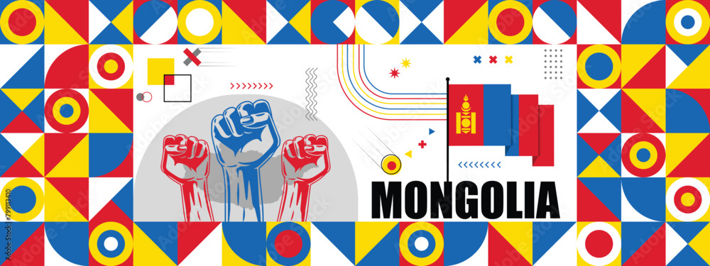 Flag and map of Mongolia with raised fists. National day or Independence day design for Counrty celebration. Modern retro design with abstract icons. Vector illustration.