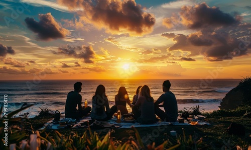 At sunset  friends gather by the seaside for a picnic  surrounded by beautiful clouds bathed in scattered yellow light