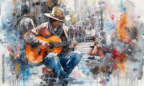 A street musician in a cowboy hat plays guitar on a lively city street, watercolor drawing photo