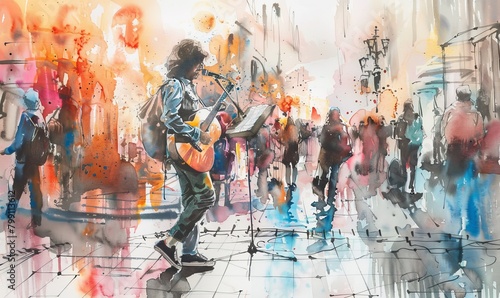 A street musician playing guitar on a lively city street, watercolor drawing