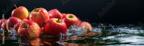 apple fall into the water and water splash, water drops, juicy fruit, wallpaper, copy space for banner, background, marketing promote healthy food