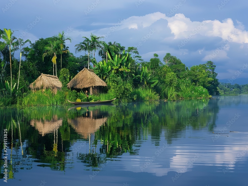 Houses with straw roofs by the lake in the tropical forest, beautiful sunset Houses with straw roofs by the lake in the tropical forest, beautiful sunset