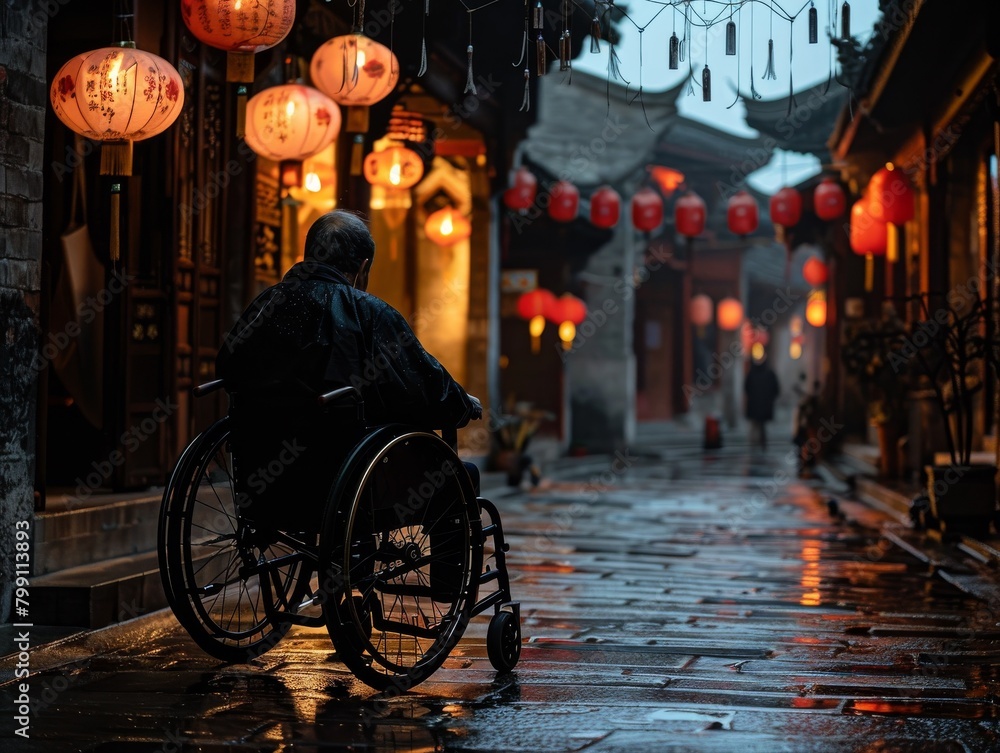 Obraz premium A man in a wheelchair travels through an Asian city, evening time, red lanterns