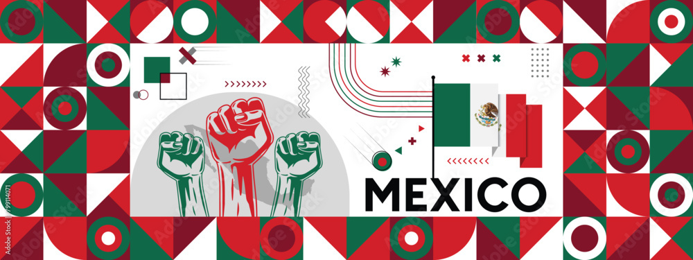 Flag and map of Mexico with raised fists. National day or Independence day design for Counrty celebration. Modern retro design with abstract icons. Vector illustration. Flag and map of Mexico with raised fists. National day or Independence day design for Counrty celebration. Modern retro design with abstract icons. Vector illustration.