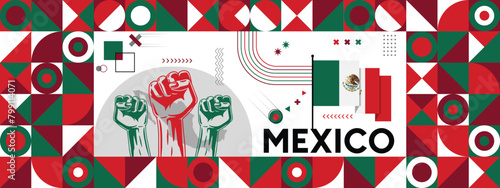 Flag and map of Mexico with raised fists. National day or Independence day design for Counrty celebration. Modern retro design with abstract icons. Vector illustration.