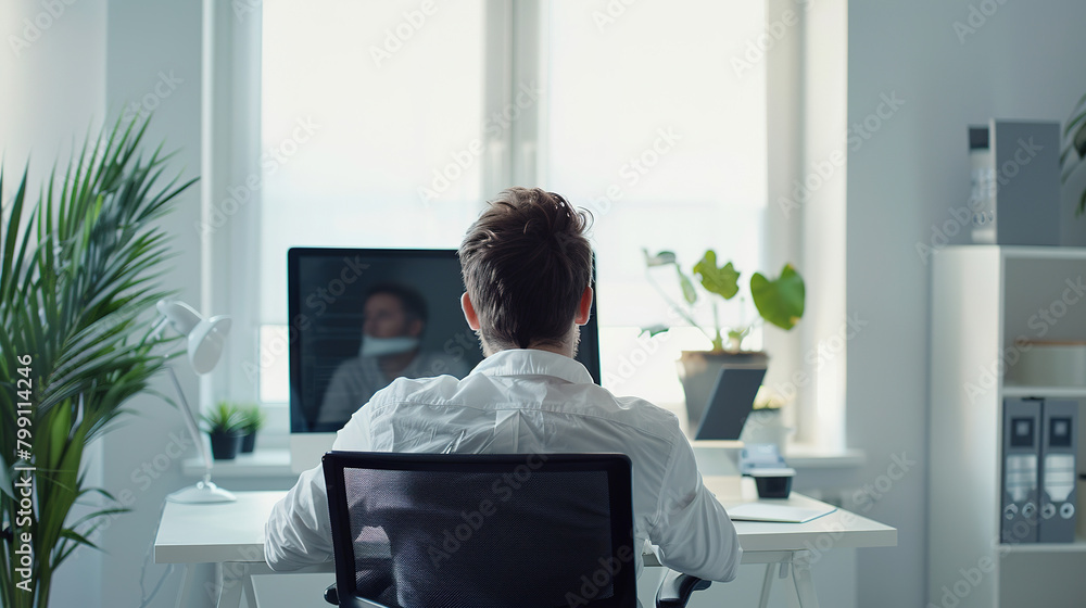 office office worker Working seat in front of a computer screen with various media of technology. office office worker Working seat in front of a computer screen with various media of technology.