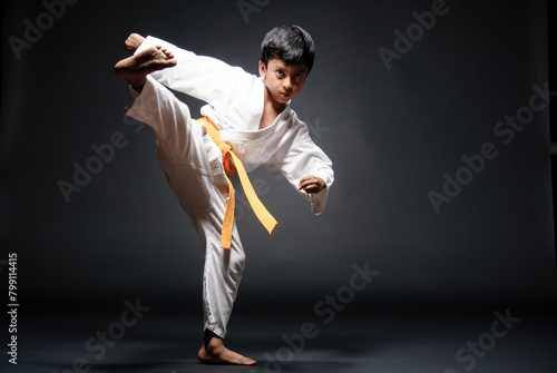 Chico demonstrates his martial skills, doing a sequence of katas on a photography set. photo