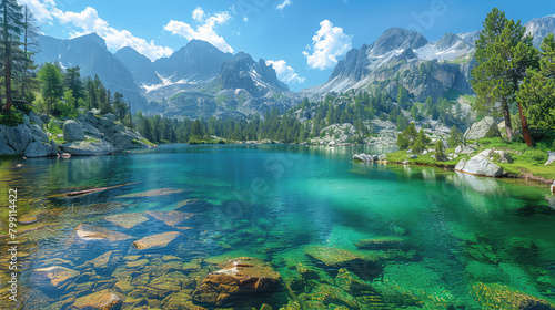A picturesque scene of the clear blue waters and lush greenery surrounding an alpine lake  surrounded by majestic mountains under a bright sky. Created with Ai