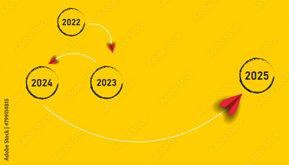  red plane flies to the year 2025, passing the years 2023 and 2024 Illustration 