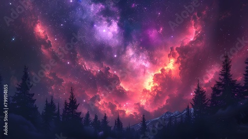 the celestial ballet unfolding above, as gradient cosmic violet and pink hues adorn the starry sky, casting a mesmerizing glow over the silhouette of forest trees below photo