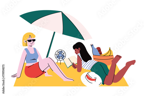 Two women are sunbathing and relax in the beach illustration. Summer vacation at beach concept illustration.