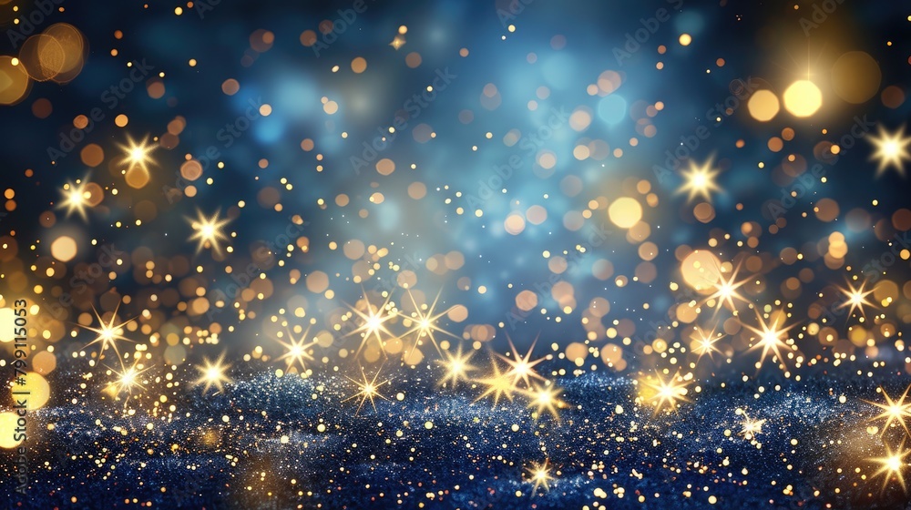 Obraz premium Blue background with sparkling lights. Modern blue background. Celebration, invitation, card banner. Bokeh background