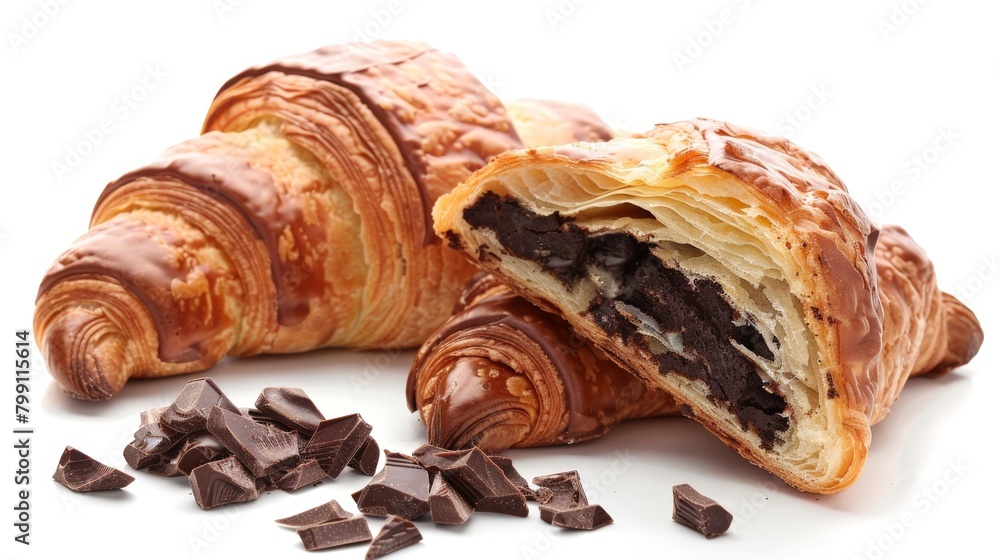 Two chocolate croissants on white surface Two chocolate croissants on white surface
