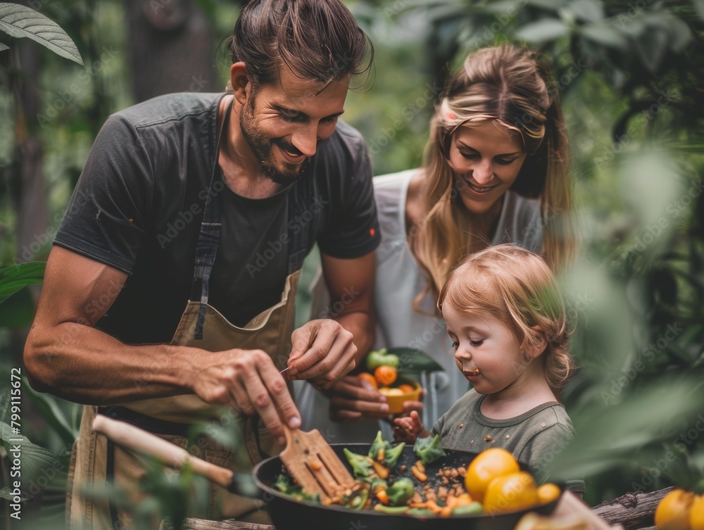 Obraz premium A young European family, consisting of a father, mother, and daughter, enjoys cooking together during their forest retreat, radiating love and harmony