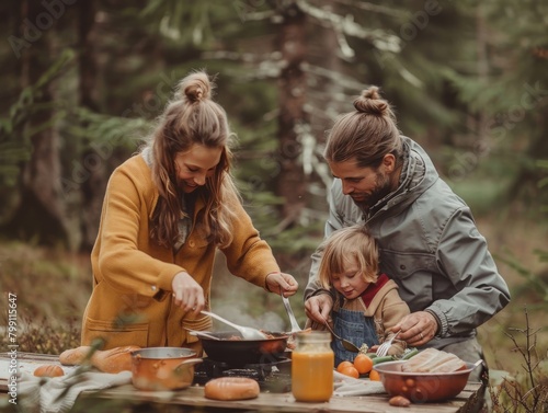 A young European family, consisting of a father, mother, and daughter, enjoys cooking together during their forest retreat, radiating love and harmony