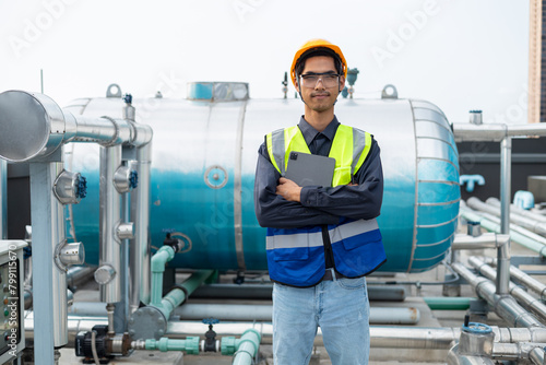 Engineer checks valves, water tanks, pumps and equipment related to hot water production pipe systems.