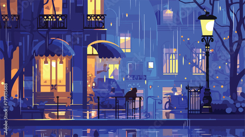 Rain in night city card. empty street with building