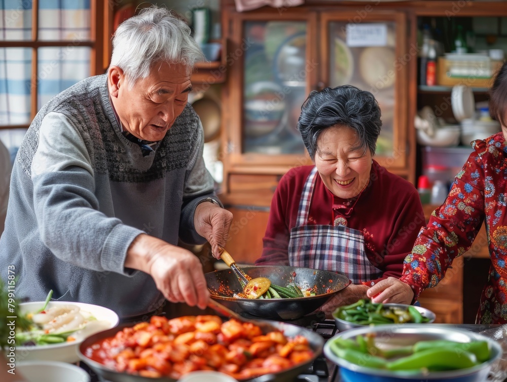 An Asian family cooking, affectionate elderly grandparents smiling in the kitchen