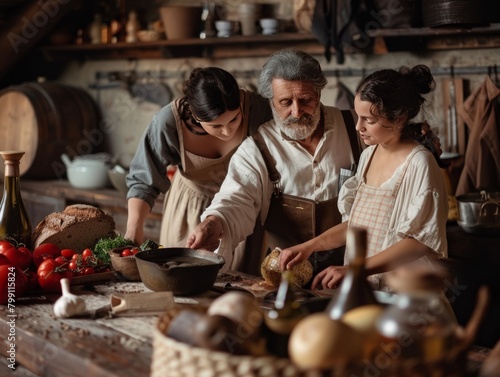 An elderly Spanish father cooks gazpacho with his daughters in the kitchen, International Father's Day