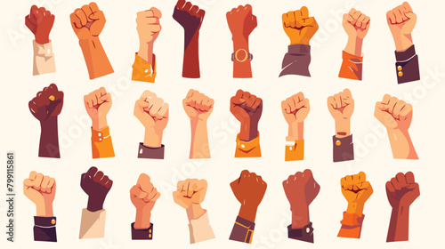 Raised clenched fists set. Diverse hands power figh