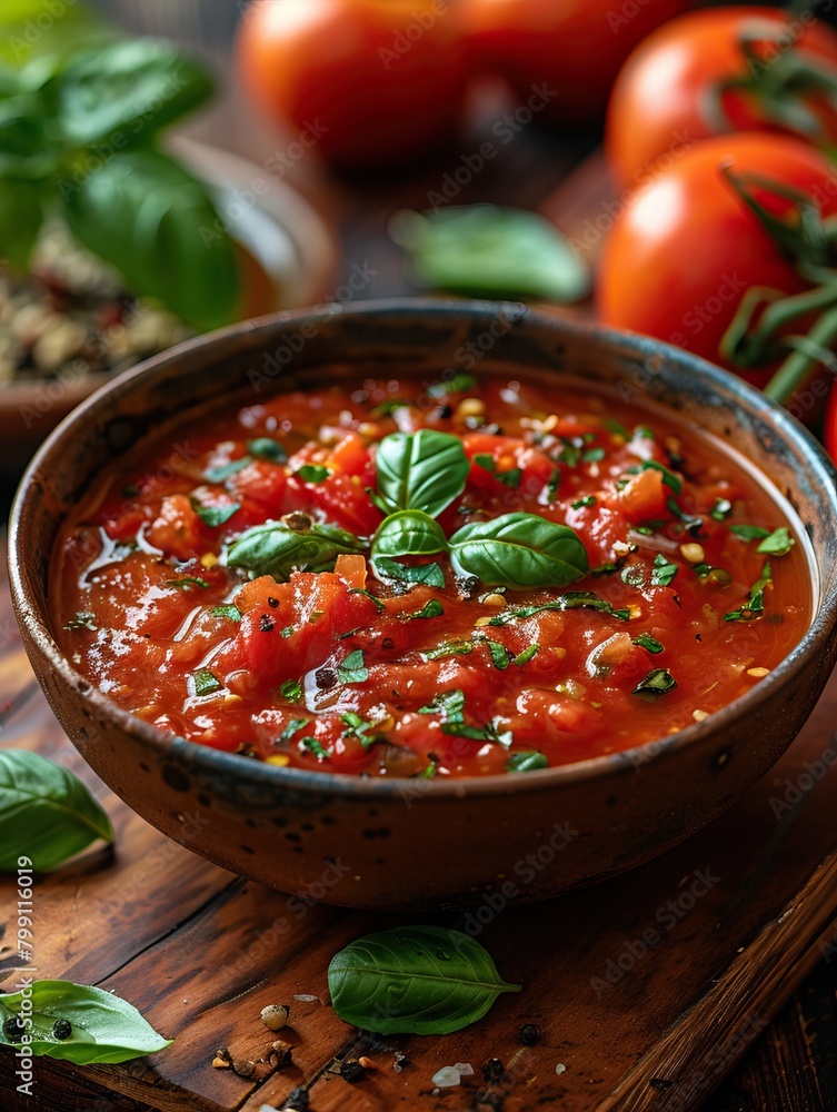 A bowl of fresh tomato soup with basil on a wooden table. A bowl of fresh tomato soup with basil on a wooden table.