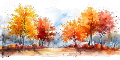Watercolor Painting Techniques Showcasing Seasonal Scenery with Vibrant Fall Foliage and Peaceful Atmosphere