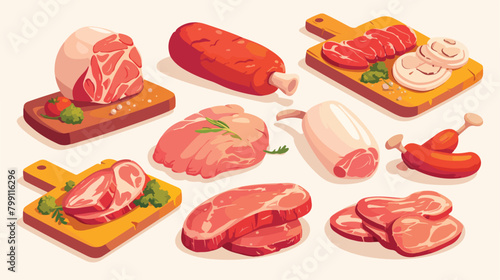 Raw meat products flat vector illustrations set. Bu