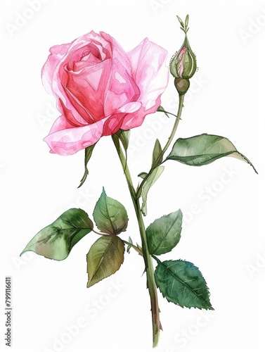 Pink Rose Floral Branch on White Background Generative AI