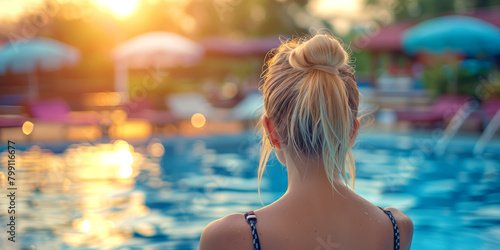 A woman with blonde hair is sitting in a pool