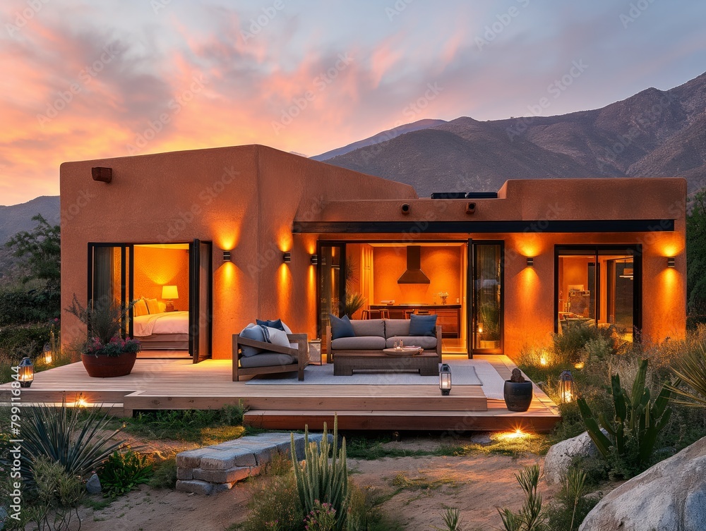 A large house with a patio and a pool. The house is surrounded by a desert landscape. The house is lit up at night, creating a warm and inviting atmosphere