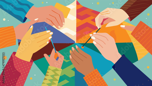 Young and old hands work together threading needles and carefully stitching vibrant fabric to create a patchwork of resilience and hope.. Vector illustration