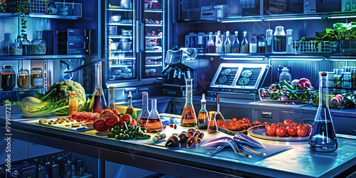 Close-up of a food scientist's desk with food samples and lab equipment, representing a job in food science photo