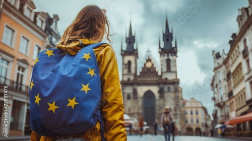European Flag made with 12 yello stars over solid blue weaving over a beautiful city center, a beautiful girl is walking in this city center. Woman with backpack featuring EU stars exploring historic  photo