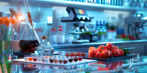 Close-up of a food scientist's desk with food samples and lab equipment, representing a job in food science photo