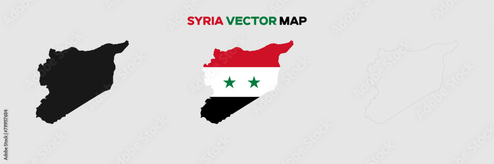 Syria Map Vector Pack. Map with Flag. Gray Map Silhouette. Gray Outline Map. Editable EPS file. 